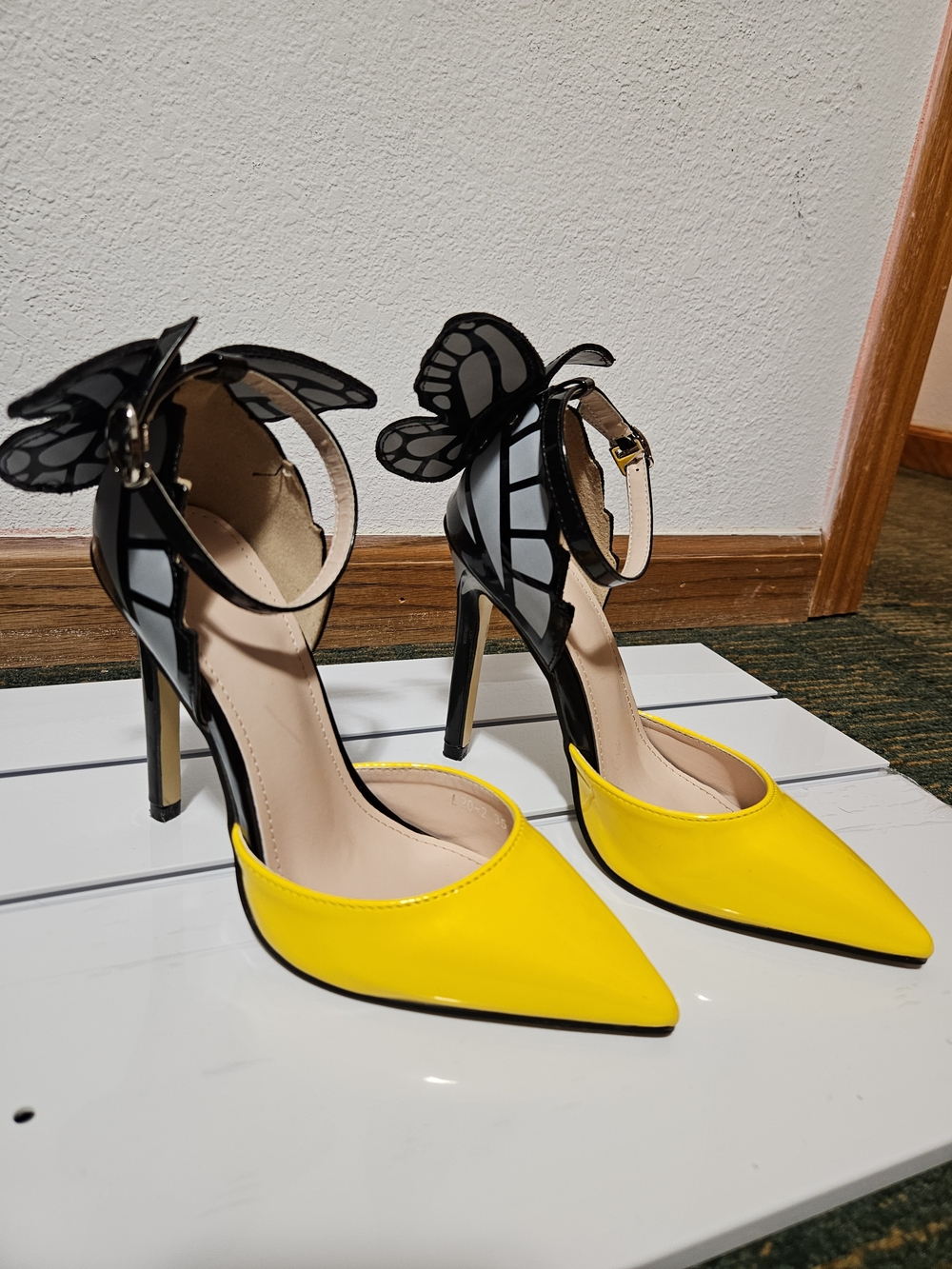 Yellow Pointed-Toe Heels with Black Butterfly Ankle Detail